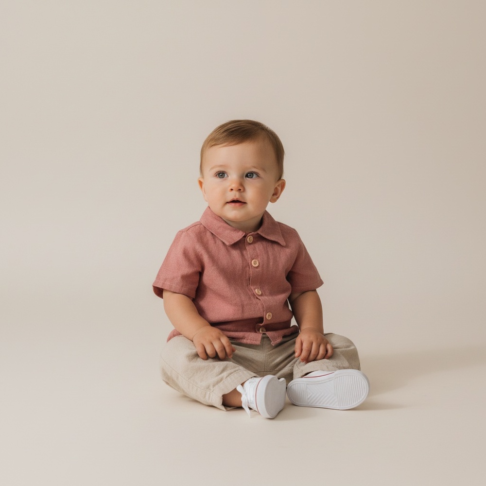Baby 12M 100% Linen Short Sleeve Button-Up‎ Shirt Pink Preppy Mom and Pop’s Kids